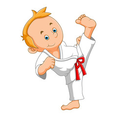 The boy is doing the sport and playing the karate