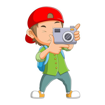The boy with camera on his hand is trying to take a photo