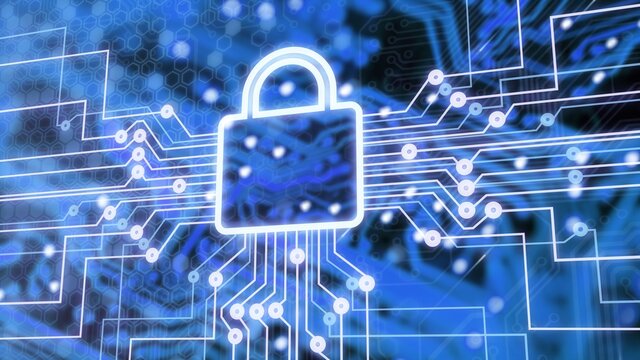 Digital lock icon and city background, concept of data security