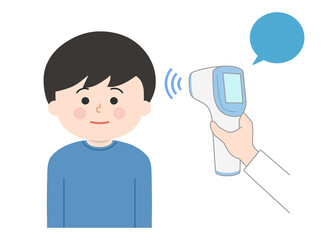 A boy is checked his temperature using a non-contact thermometer for coronavirus. Vector illustration isolated on white background.