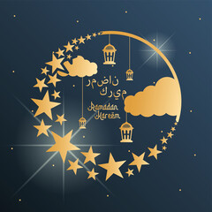 Golden arab lamp with clouds. Ramadan Kareem poster - Vector illustration
