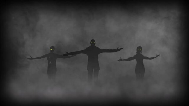 Funny zombies group dancing. Halloween concept.