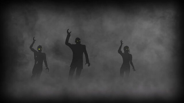 Funny zombies group dancing. Halloween concept.