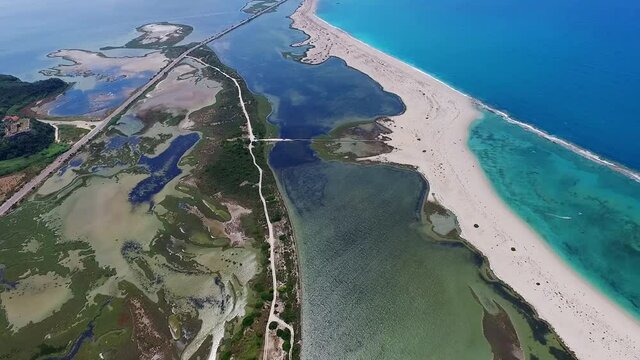 Aerial view of the shallows, sandbanks and ponds near Lefkada island, Greece
