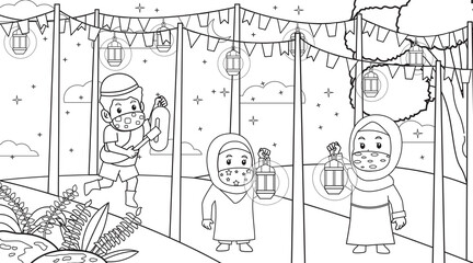 During the corona virus pandemic,muslim help another muslim to wake up for suhoor.Muslim ramadan month activity everyday.Using masker and health protocol.Children Illustration.