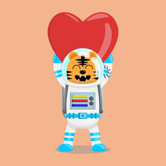 Illustration vector graphic cartoon of cute tiger astronaut raises a love. Childish cartoon design suitable for product design of children's books, t-shirt, greeting cards etc