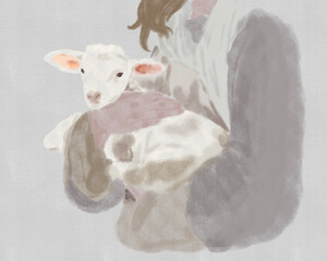 White sheep in shepherd arms