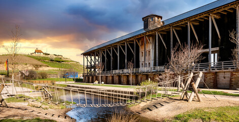 Graduation house ( Gradierwerk) at the salt works in Bad Dürkheim at sunset, Germany,