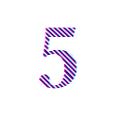 symbol number (5) five, embroidered on a white background in red and blue 
