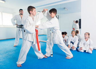 Fototapeta na wymiar Happy boys training in pair to use karate technique during class