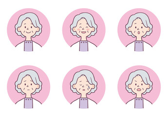 シニア　女性　顔　アイコン　表情セット