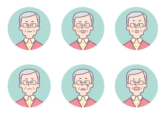 シニア　男性　顔　アイコン　表情セット