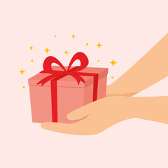 hand holding a gift box, Surprising gift box.