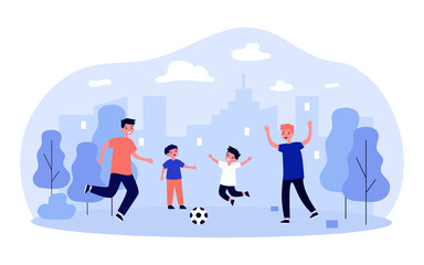 Children playing football or soccer in park. Happy boys playing ball game together flat vector illustration. Outdoor activity, team sport concept for banner, website design or landing web page