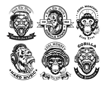 Ornamental retro black and white monkey vector illustrations set. Graphic sketches of gorilla in decorative retro style with headphones. Wildlife or music concept for tattoo template or design