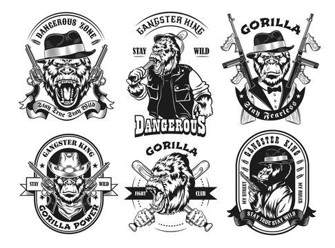 Monochrome labels with gorilla gangster vector illustration set. Retro tattoo design with monkey and gun. Mafia and animals concept can be used for retro template