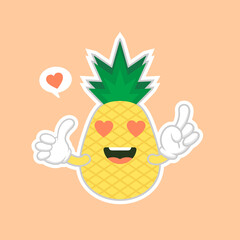 cute and kawaii Pineapple characters, mascots Pineapple cute characters set for summer. Pineapple juice, tropical fruit, summer resort. Vacation concept. For topics like fruit, summer, travel