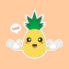 cute and kawaii Pineapple characters, mascots Pineapple cute characters set for summer. Pineapple juice, tropical fruit, summer resort. Vacation concept. For topics like fruit, summer, travel