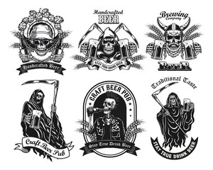 Monochrome labels with skeleton and beer vector illustration set. Retro tattoo design with dead character drinking alcohol. Beverage and weekend concept can be used for retro template