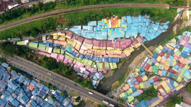 Scenic top view of rainbow houses in Jodipan village, Malang, Java, Indonesia