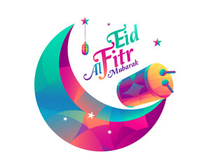 Eid Al Fitr Mubarak Vector Illustration with crescent moon, drum, tower and colorful lanterns on white background.