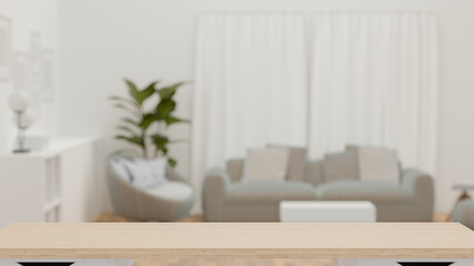 Fototapeta na wymiar 3D rendering, Empty wooden table in blurred cozy living room background, copy space