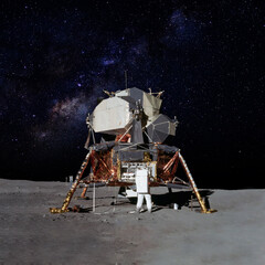 Astronaut on moon (lunar) landing mission with earth on the background. Elements of this image...