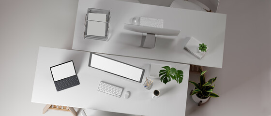 3D rendering, interior office design with two office desk opposite each other with computer devices and office supplies, top view