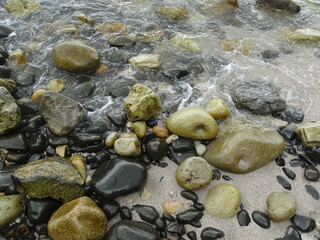 Smooth rocks strewn about the shoreline on a rugged beach.