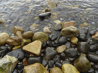 Smooth rocks strewn about the shoreline on a rugged beach.
