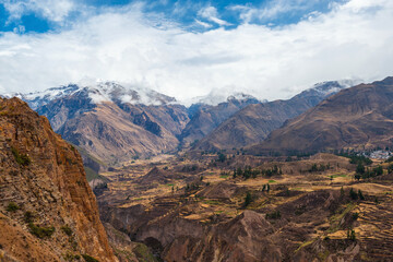 Colca Canyon landscape with snowcapped Andes peaks, Arequipa, Peru.