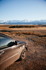 Auto trip to Kurai steppe in early autumn in Altay mountains