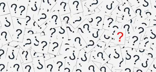 Many white question marks with one red Question mark banner background. Ask the Right Question ,Business question  concept 