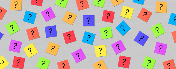 Many Question mark on grey background. Colorful Sticky Notes with questions marks. Business...
