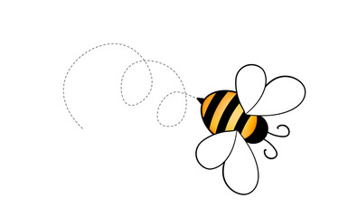 Set of cartoon bee mascot. A small bees flying on a dotted route. Wasp collection. Vector characters. Incest icon. Template design for invitation, cards. Doodle style