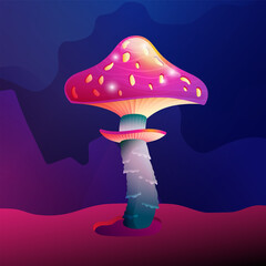 Colorful Fantasy Magic Mushroom Vector Design. Forest Fungus and Unrealistic Uneartly Botany with Luminous Cap and Ruffle on Trunk. For Game Concept, Cartoon Background, Storybook, Game Development