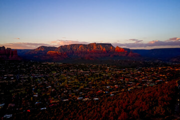 A aerial view of a sunset in Sedona Arizona during the spring.