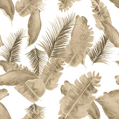 Brown Tropical Exotic. White Seamless Painting. Gray Pattern Leaves. Decoration Botanical. Banana Leaves. Isolated Foliage. Spring Background. Watercolor Textile.