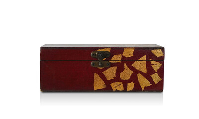 front antique red and gold wooden box on white background, object, fashion, vintage, copy space