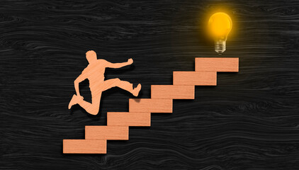 Young man ascending graph chart to reach bulb glowing bulb on top (his Idea realization), success process concept, goal achievement and dreams realization.