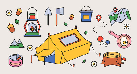 Collection of camping equipment. outline simple vector illustration. © MINIWIDE