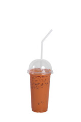 Iced coffee in a plastic cup with a straw isolated on white background.