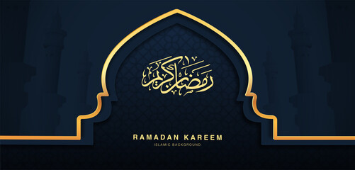 Realistic Ramadan Kareem holiday banner design with 3d gold mosque door texture. web poster, flyer, stylish brochure, greeting card, cover. Vector illustration. arabic text translation ramadan kareem