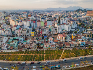 Aerial view of Dalat city. The city is located on the Langbian Plateau in the southern parts of the Central Highlands region of Vietnam