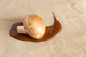 Creative mockup of royal champignon mushroom with brown paint brushstroke. Flat lay. Food concept.