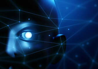 3d illustration rendering, ai robot head face with data internet network, deep learning system technology machine