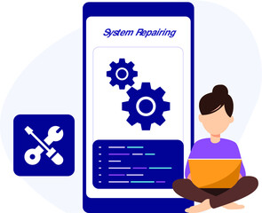 System software update and repair, loading process, computer installation on laptop concept, vector flat illustration