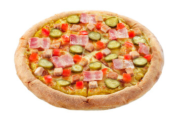 Pizza isolated on white background.Side view. Italian food concept. Appetizing pizza.