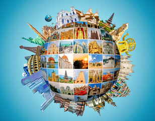 World religious and architecture monuments- collage or globe from different religions from Asia,...
