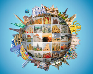 World religious and architecture monuments- collage or globe from different religions from Asia,...